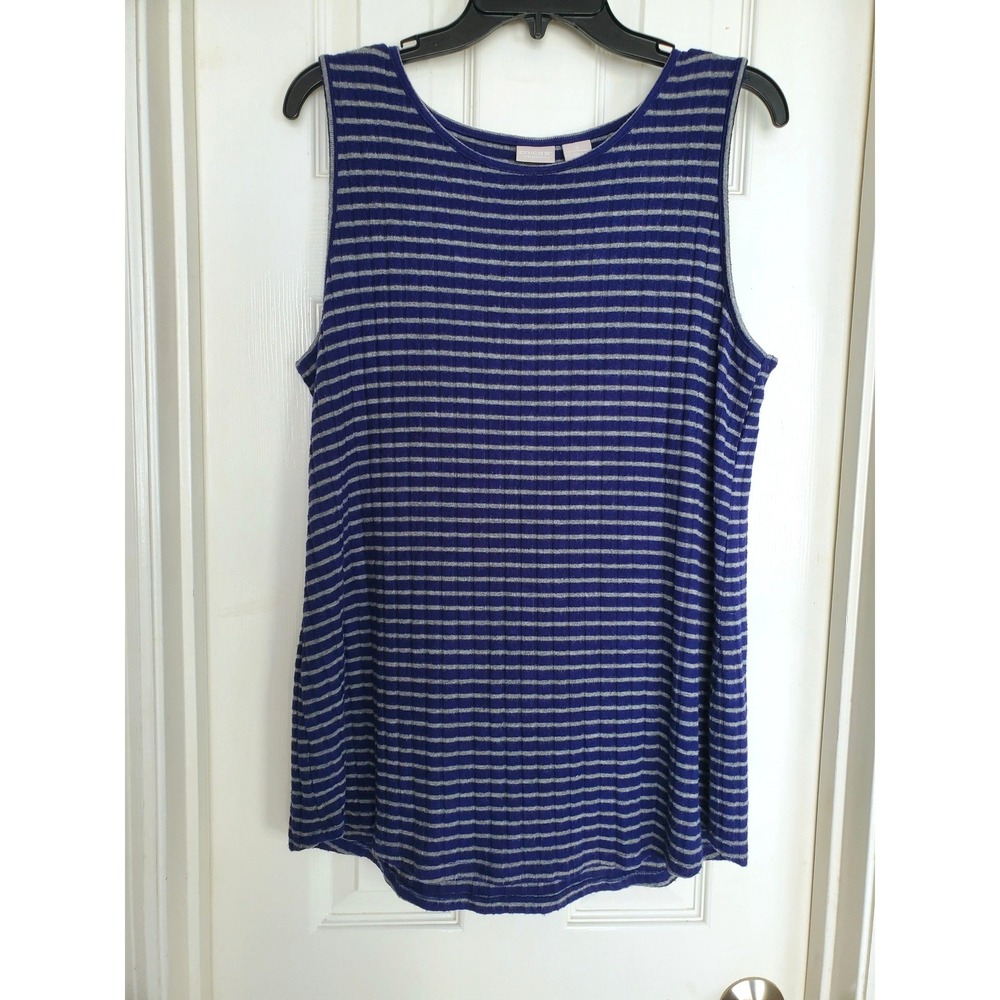 Chico's Zenergy Tank Top Blue Grey Striped Ribbed Knit Casual Sleeveless Size 2